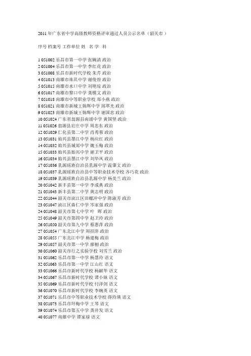 2011年广东省中学高级教师资格评审通过人员公示名单(韶关市 )