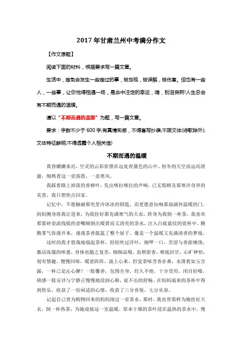 2017年甘肃兰州中考满分作文《不期而遇的温暖》14