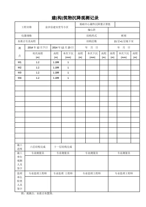 建(构)筑物沉降观测记填写范本