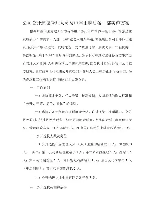 公司公开选拔管理人员及中层正职后备干部实施方案