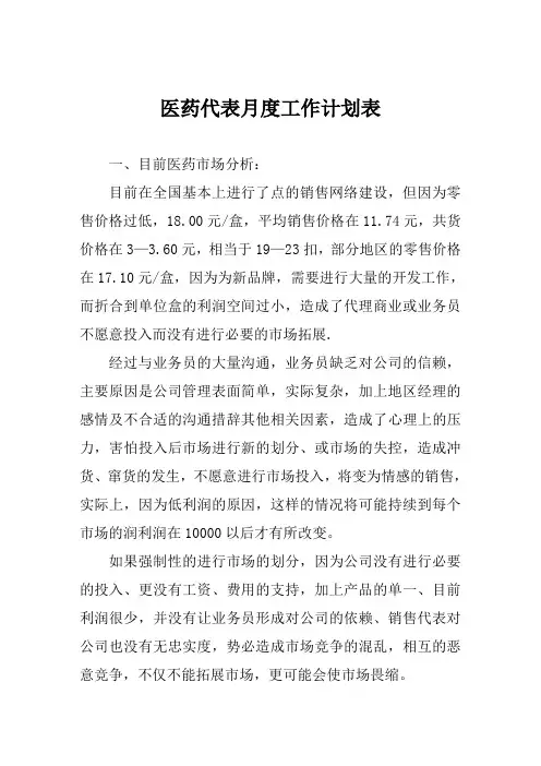 医药代表月度工作计划表
