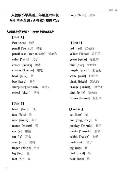 人教版小学英语三年级至六年级学生四会单词(含音标)