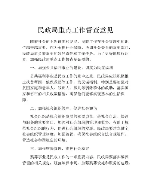 民政局重点工作督查意见