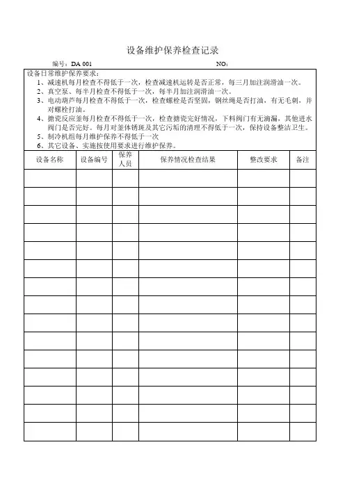 设备日常维护保养检查记录