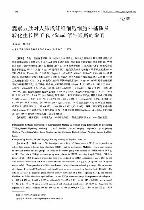 囊素五肽对人肺成纤维细胞细胞外基质及转化生长因子β1／Smad信号通路的影响