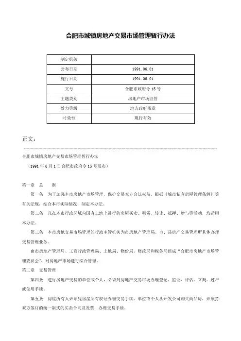 合肥市城镇房地产交易市场管理暂行办法-合肥市政府令15号