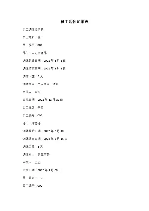 员工调休记录表