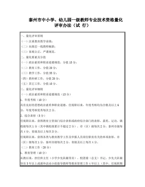 泰州市中小学、幼儿园一级教师专业技术资格量化评审办法(试行)