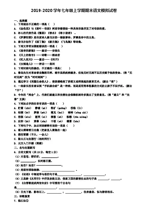 浙江省嘉兴市2019-2020学年七上语文期末调研测试题