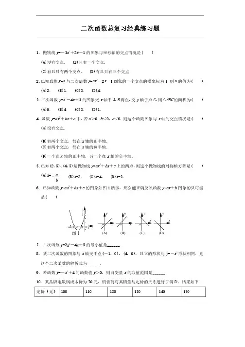 初中数学二次函数专题经典练习题（附答案）