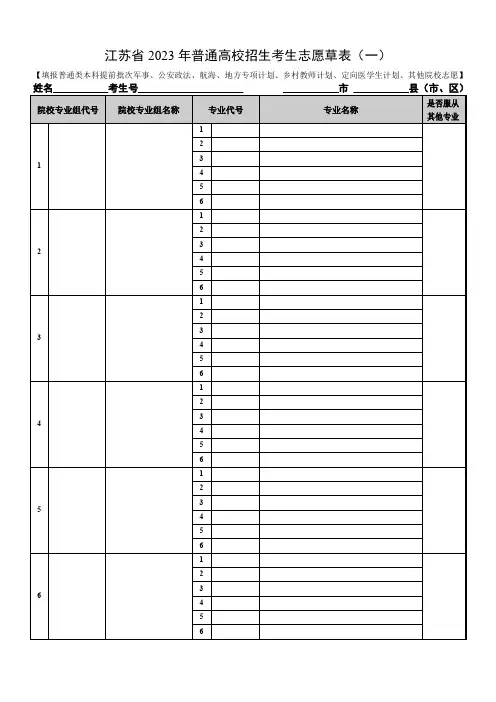江苏省2023年普通高校招生考生志愿草表