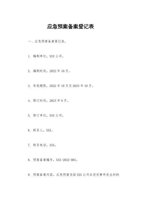 应急预案备案登记表