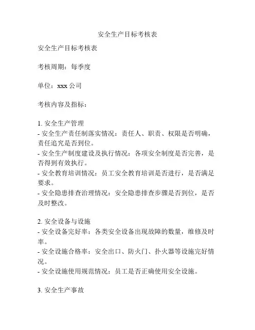安全生产目标考核表