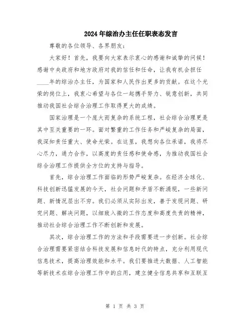 2024年综治办主任任职表态发言
