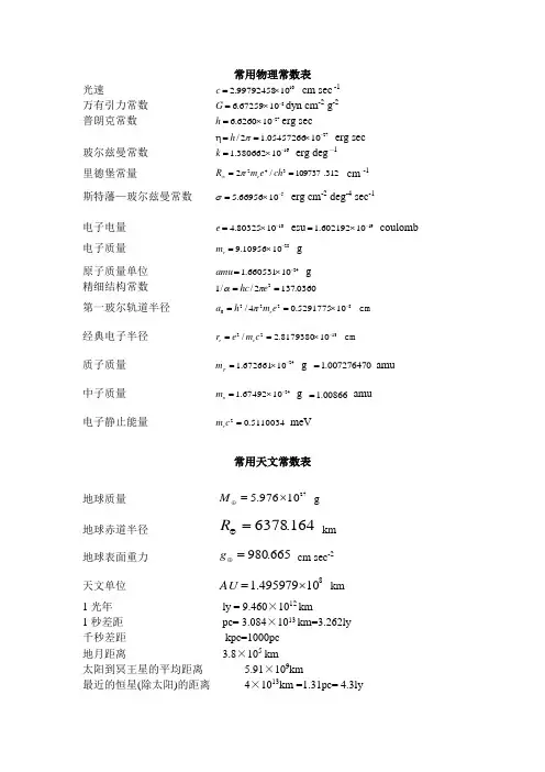 常用物理常数