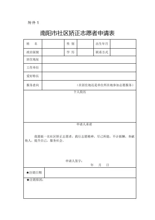 南阳市社区矫正志愿者注册登记表