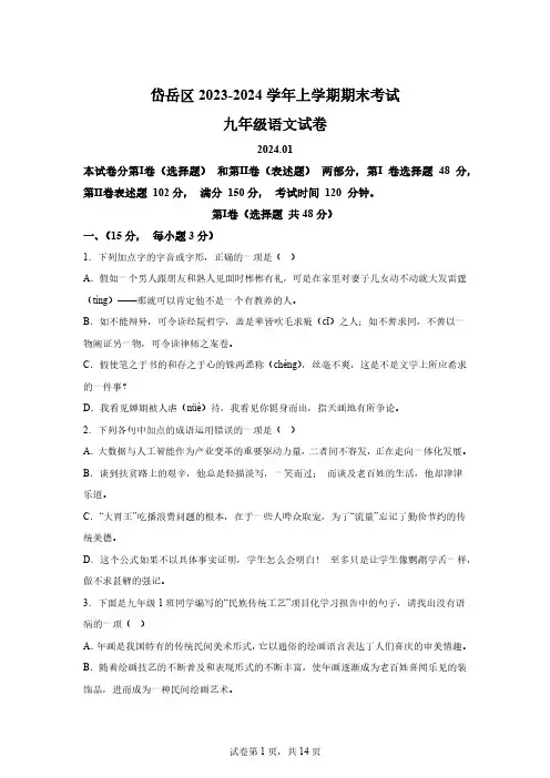 山东省泰安市岱岳区2023-2024学年九年级上学期期末语文试题[附答案]