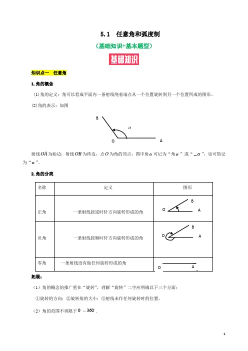 任意角和弧度制(基础知识+基本题型)(含解析)