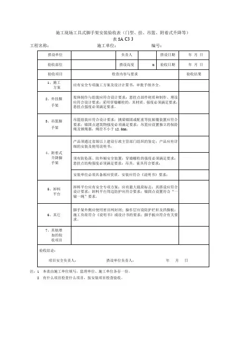 施工现场工具式脚手架安装验收表(门型、挂、吊篮、附着式升降等)