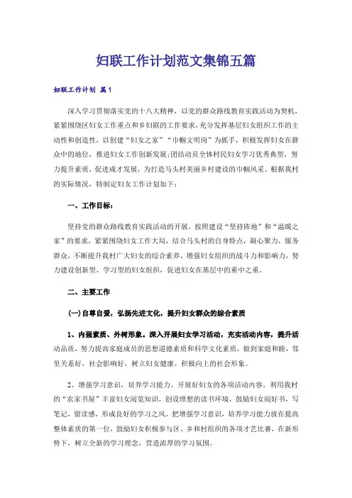 妇联工作计划范文集锦五篇