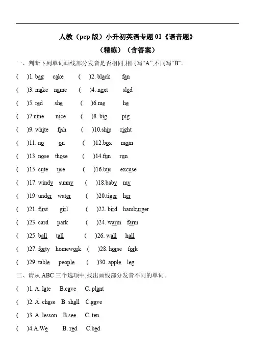 人教(pep版)小升初英语专题训练与梳理 1《语音题》(含答案)