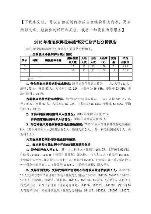临床路径实施情况总结分析报告
