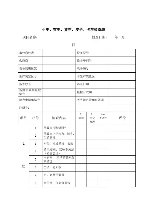 小车、客车、货车、皮卡、卡车检查表