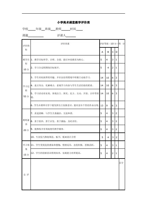 小学美术课堂教学评价表