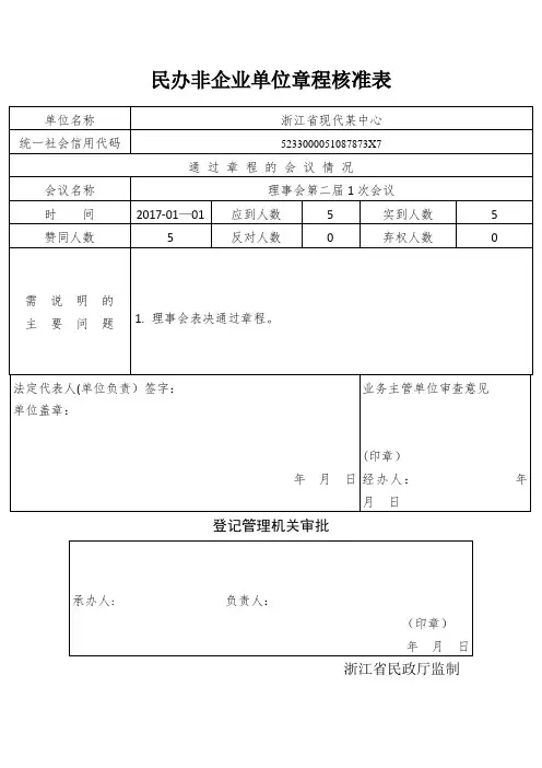 民办非企业单位章程核准表