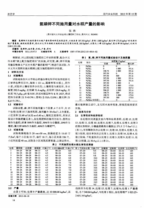 氮磷钾不同施用量对水稻产量的影响