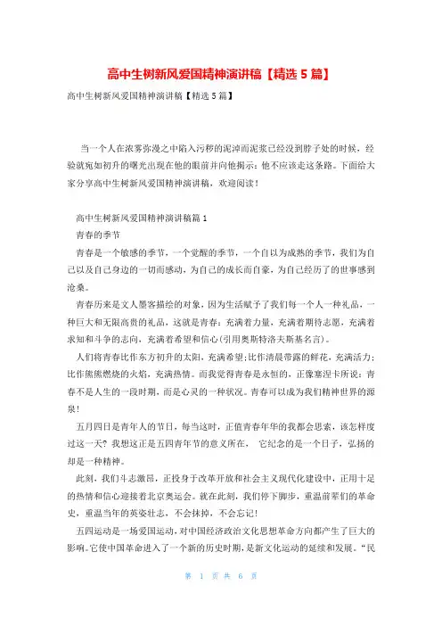 高中生树新风爱国精神演讲稿【精选5篇】