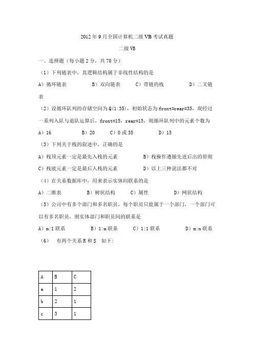 2012年9月全国计算机二级VB考试真题
