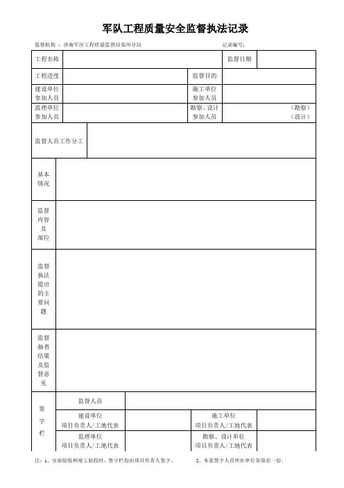 军队工程质量安全监督执法记录(抽查)