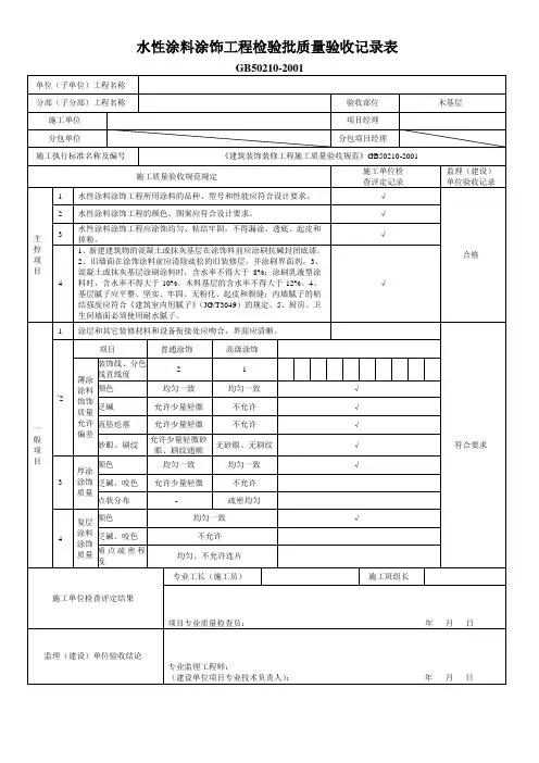 水性涂料涂饰工程检验批质量验收记录表