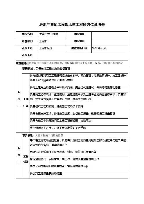 房地产集团工程部土建工程师岗位说明书