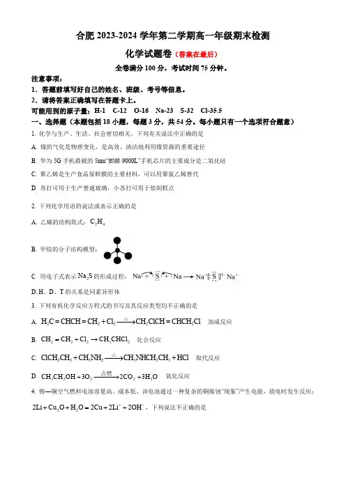 安徽省皖中名校联盟合肥市2023-2024学年高一下期末考试 化学含答案