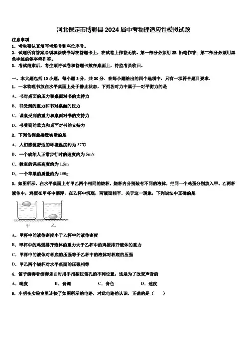 河北保定市博野县2024届中考物理适应性模拟试题含解析