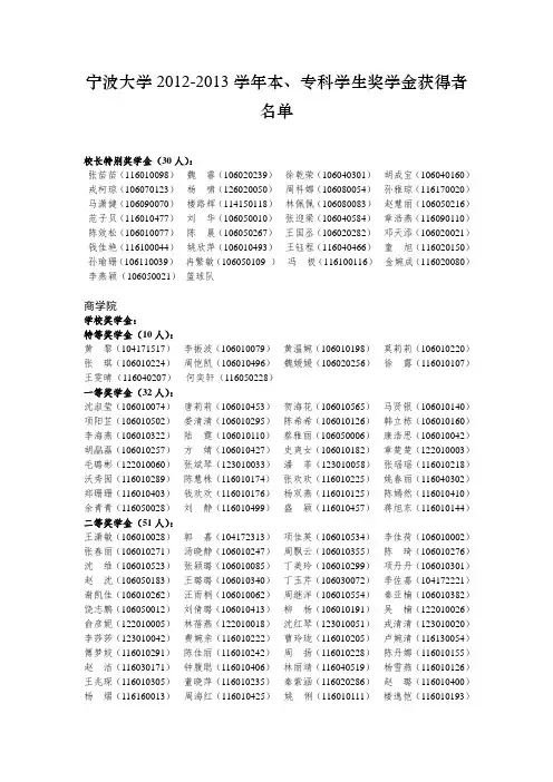 宁波大学2012-2013学年本、专科学生奖学金获得者名单