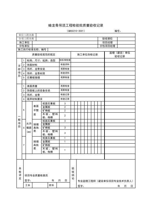 暗龙骨吊顶工程检验批质量验收记录