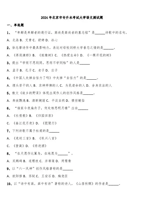 2024年北京市专升本考试大学语文测试题含解析