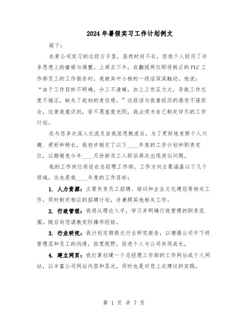 2024年暑假实习工作计划例文（4篇）
