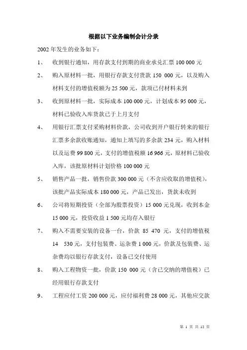 根据以下业务编制会计分录