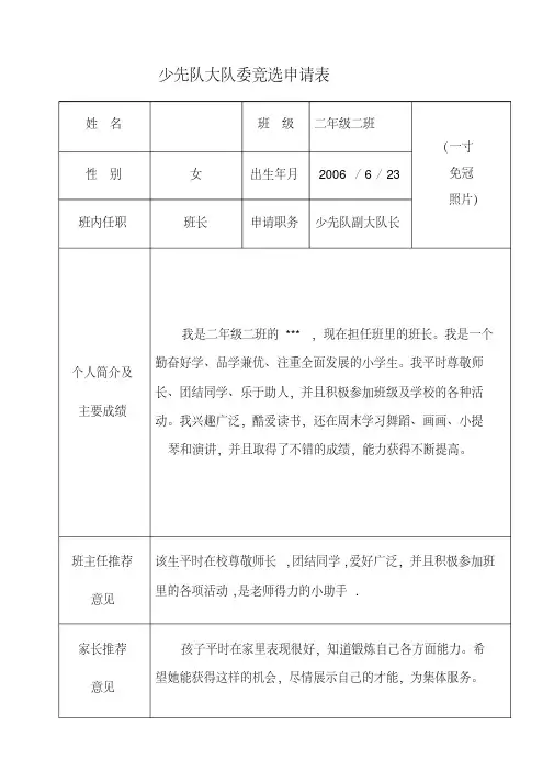 少先队大队委申请表