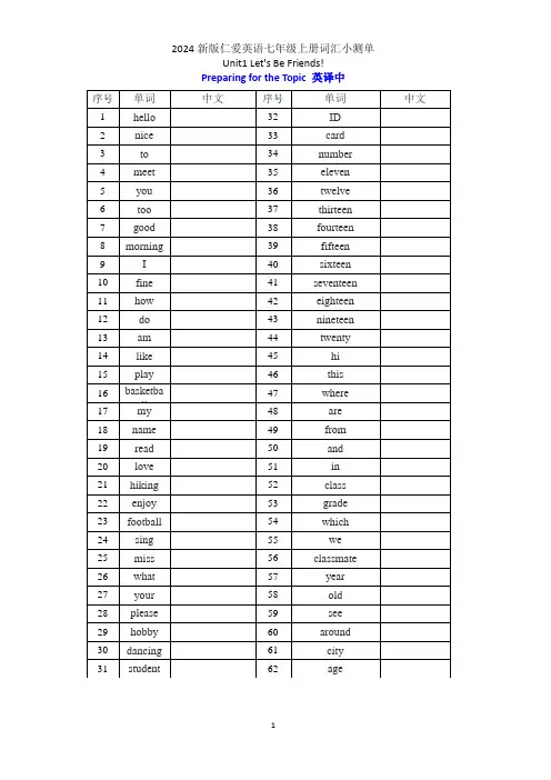 Unit 1 单词小测单 2024-2025学年仁爱版英语七年级上册
