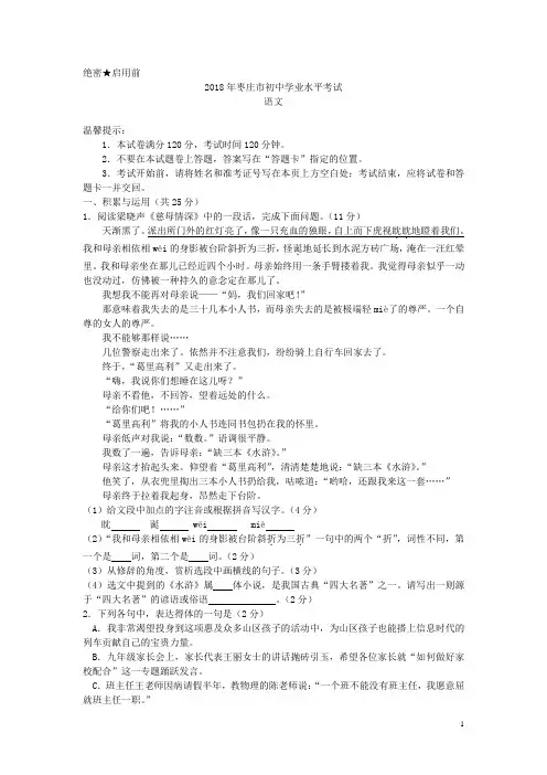 山东省枣庄市2018年中考语文试题及答案【中考真题】