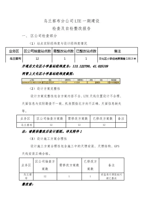 LTE一期建设检查及自查整改报告-乌兰察布分公司