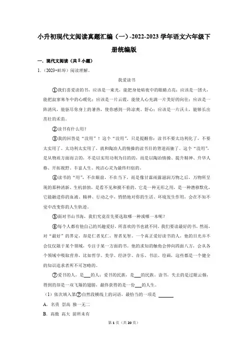 2022-2023学年语文六年级下册小升初现代文阅读真题汇编(一)(有答案)
