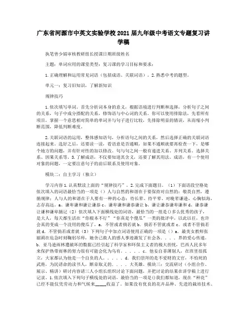 广东省河源市中英文实验学校2021届九年级中考语文专题复习讲学稿