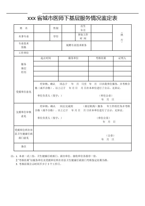 xxx省城市医师下基层服务情况鉴定表
