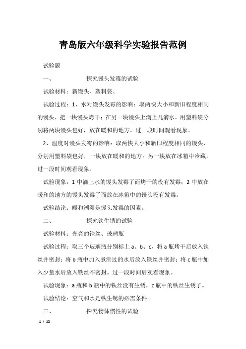 青岛版六年级科学实验报告范例